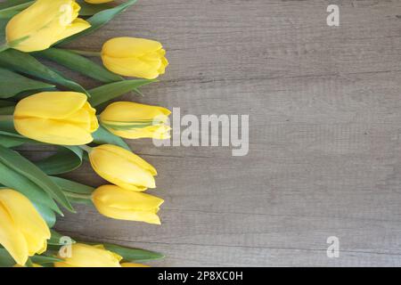 Yellow tulips on wooden background Stock Photo