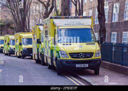 London, UK. 11th January 2023. Ambulance vehicles parked outside the London Ambulance Service headquarters in Waterloo. Stock Photo