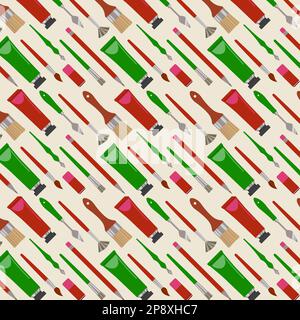 Diagonal Pattern With Artistic Tools. Decoration, Package, Background Flat Style Vector Illustration Stock Vector