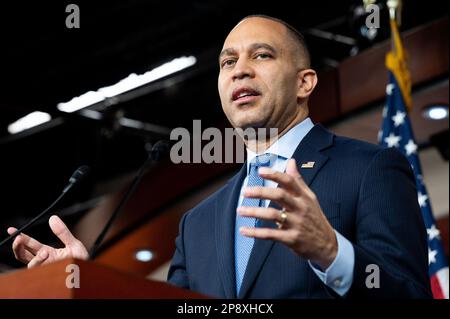 Washington, United States. 09th Mar, 2023. U.S. Representative Hakeem Jeffries (D-NY) speaking at his weekly press conference at the U.S. Capitol. (Photo by Michael Brochstein/Sipa USA) Credit: Sipa USA/Alamy Live News Stock Photo