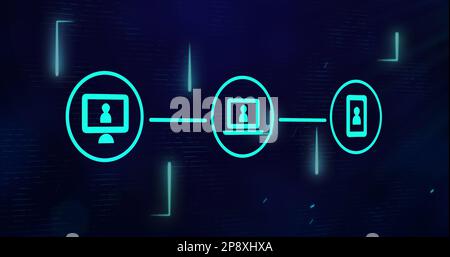 Composition of network of three digital icons over light trails on blue background Stock Photo