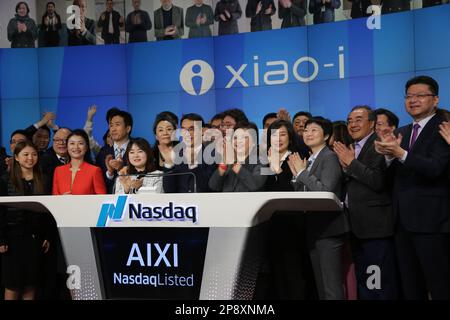 New York, USA. 9th Mar, 2023. Management and guests of Xiao-I Corporation attend a ceremony to ring the opening bell at Nasdaq in New York City, the United States, on March 9, 2023. Xiao-I Corporation, a cognitive artificial intelligence (AI) enterprise from China, floated its shares Thursday on Nasdaq. Credit: Liu Yanan/Xinhua/Alamy Live News Stock Photo