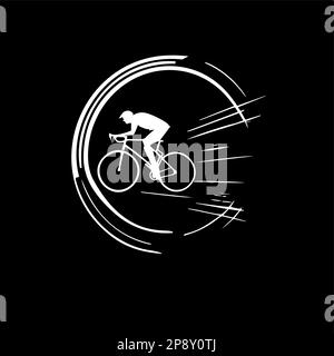 Minimalistic round logo template, white icon of cyclist silhouette on black background, modern logotype concept for business identity, t-shirts print Stock Vector