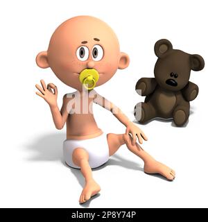 3D-illustration of a cute and funny cartoon baby with a diaper and a pacifier Stock Photo