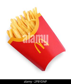 MYKOLAIV, UKRAINE - AUGUST 11, 2021: Big portion of McDonald's French fries isolated on white, top view Stock Photo