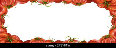 Frame of red ripe tomatoes of different varieties. Digital illustration on a white background. For packaging design, postcards, prints, textiles. Stock Photo
