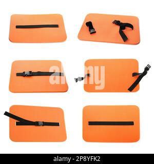 Set with orange foam tourist seat mats on white background Stock Photo