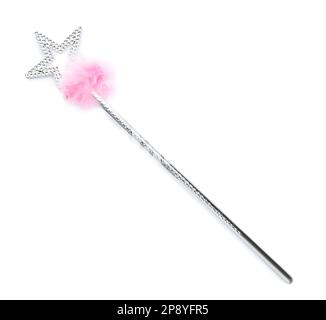 Beautiful silver magic wand with feather isolated on white, top view Stock Photo