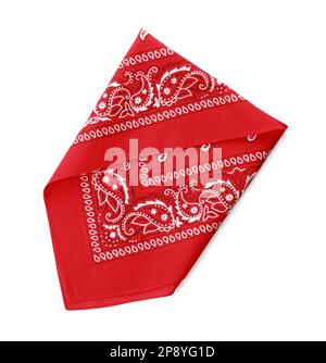 Folded red bandana with paisley pattern isolated on white, top view Stock Photo