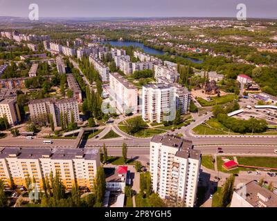 View from drone of Stary Oskol with Cathedral of Alexander Nevsky Stock Photo