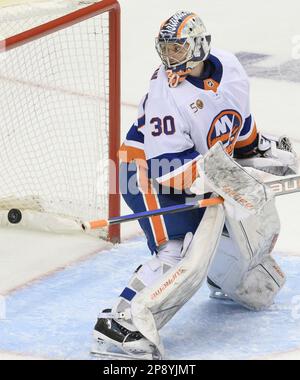 Pittsburgh, United States. 09th Mar, 2023. New York Islanders goaltender Ilya Sorokin (30) reacts as Pittsburgh Penguins defenseman Brian Dumoulin shot finds the goal during the second period at PPG Paints Arena in Pittsburgh on Thursday, March 9, 2023. Photo by Archie Carpenter/UPI Credit: UPI/Alamy Live News Stock Photo