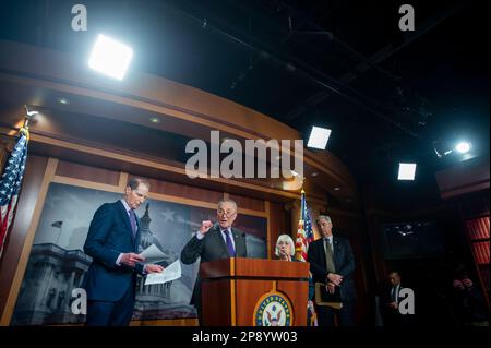 United States Senate Majority Leader Chuck Schumer (Democrat of New York), second from left, is joined by United States Senator Ron Wyden (Democrat of Oregon), left, United States Senator Patty Murray (Democrat of Washington), second from right, and United States Senator Sheldon Whitehouse (Democrat of Rhode Island), right, while offering remarks on the budget during a press conference at the US Capitol in Washington, DC, Thursday, March 9, 2023. Credit: Rod Lamkey/CNP /MediaPunch Stock Photo
