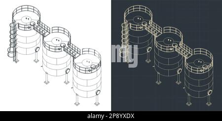 Stylized vector illustration of isometric blueprints of big fermentation stainless steel tanks Stock Vector