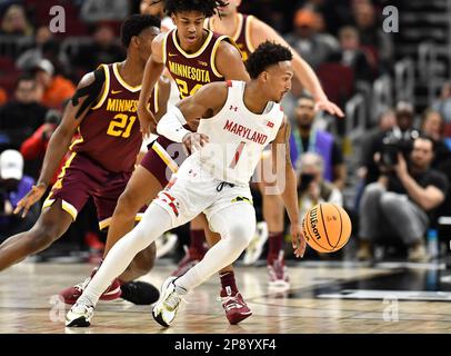 Chicago, Illinois, USA. 09th Mar, 2023. Maryland Terrapins guard Jahmir Young (1) in action during the second round of the NCAA Big Ten Conference Men's Basketball Tournament game at United Center in Chicago, Illinois. Dean Reid/CSM/Alamy Live News Stock Photo