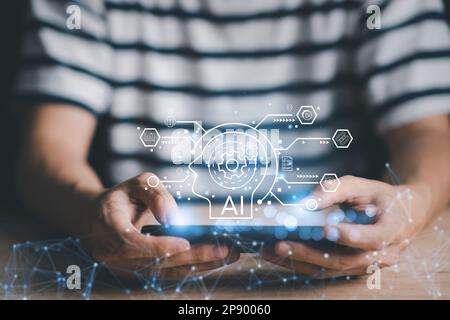 AI (Artificial intelligence) growing with brain. Businessman data analytics information trends with smartphone. Business technology link digital marke Stock Photo