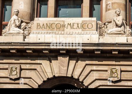 Mexico City,Banco de Mexico Central Bank headquarters,Eclecticism eclectic architectural style,ionic columns,sculpture group by Manuel Centurion,outsi Stock Photo