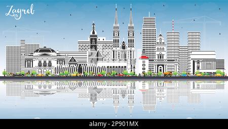 Zagreb Croatia City Skyline with Color Buildings, Blue Sky and Reflections. Vector Illustration. Zagreb Cityscape with Landmarks. Stock Vector