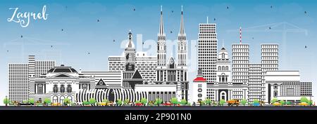 Zagreb Croatia City Skyline with Color Buildings and Blue Sky. Vector Illustration. Zagreb Cityscape with Landmarks. Business Travel. Stock Vector