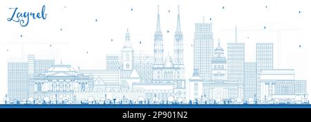 Outline Zagreb Croatia City Skyline with Blue Buildings. Vector Illustration. Zagreb Cityscape with Landmarks. Business Travel and Tourism Concept. Stock Vector