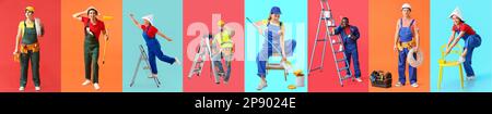 Group of different workers on color background Stock Photo