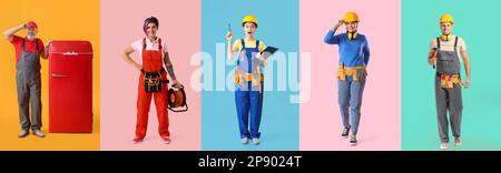 Collage of different workers on color background Stock Photo