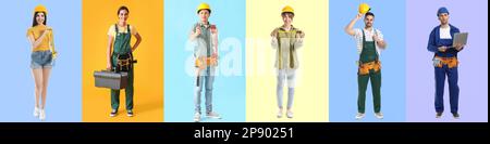 Collage of different young workers on color background Stock Photo