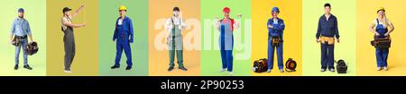 Set of different workers on color background Stock Photo