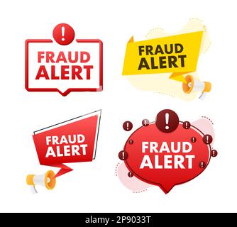 Megaphone label set with text Fraud alert. Megaphone in hand promotion banner. Marketing and advertising Stock Vector
