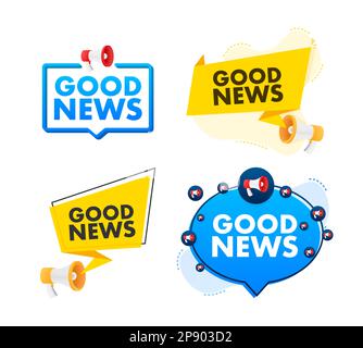 Megaphone label set with text good news. Megaphone in hand promotion banner. Marketing and advertising Stock Vector