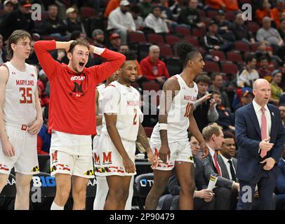 Chicago, Illinois, USA. 09th Mar, 2023. Maryland Terrapins teammates react to the action during the second round of the NCAA Big Ten Conference Men's Basketball Tournament game at United Center in Chicago, Illinois. Dean Reid/CSM/Alamy Live News Stock Photo