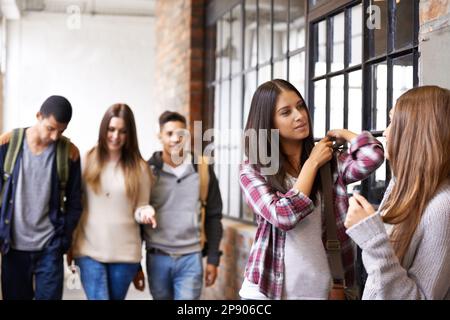 Loving life on campus. two female university students talking in the hallway with their friends in the background. Stock Photo
