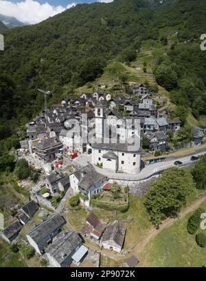 Aerial image with drone of the mountain village Corippo - the smallest commune in Canton Ticino, Switzerland Stock Photo