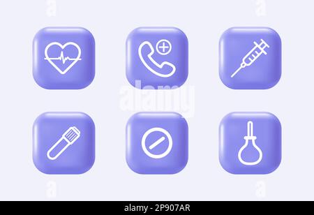 3d medical equipment icons on realistic violet buttons. Healthcare elements for mobile concepts and web apps. Modern infographic logo and pictogram Stock Vector