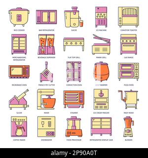 Professional kitchen equipment icon set in colored line style. Commercial cooking symbols collection. Vector illustration with editable stroke. Stock Vector
