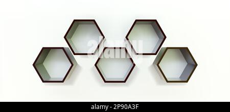 Black empty hexagon shelves on white wall 3D mockup. Shop, gallery plastic or wooden showcase to present product. Blank retail storage space. Interior Stock Vector