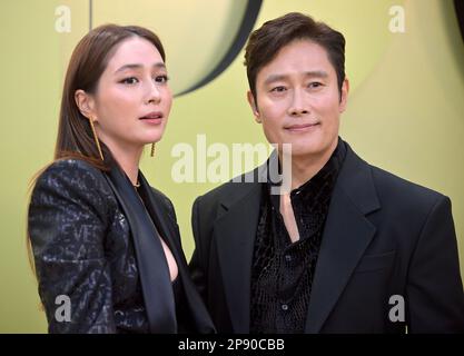 Los Angeles, United States. 09th Mar, 2023. South Korean actors Lee Byung-hun (R) and Lee Min-jung attend the Versace FW23 Show at the Pacific Design Center in Los Angeles, California on Thursday, March 9, 2023. Photo by Chris Chew/UPI Credit: UPI/Alamy Live News Stock Photo