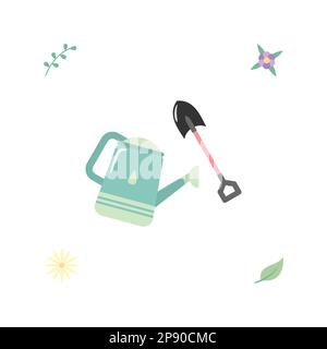 Flat Illustration of Watering Can and Shovel Vector Illustration. Stock Vector
