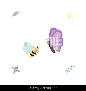 Flat Illustration of Bee and Butterfly Vector Illustration. Stock Vector