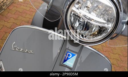 Bordeaux , Aquitaine  France - 03 05 2023 : Vespa text sign and brand logo on front of grey gts 300 scooter gray Stock Photo