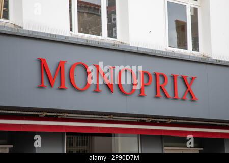 Bordeaux , Aquitaine  France - 03 05 2023 : Monoprix logo brand and text sign on store building supermarket facade entrance shop market street Stock Photo