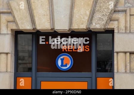 Bordeaux , Aquitaine  France - 03 05 2023 : E.leclerc relais text brand and logo sign relay on building facade shop retail supermarket store leclerc Stock Photo