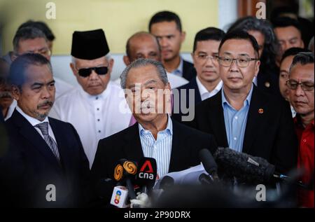 Kuala Lumpur, Malaysia. 10th Mar, 2023. Malaysia's former Prime Minister Muhyiddin Yassin (C) speaks to the media outside Kuala Lumpur courthouse. Muhyiddin Yassin has been charged with four counts of corruption and two charges of money laundering, making him the second former Prime Minister to be accused. Credit: SOPA Images Limited/Alamy Live News Stock Photo