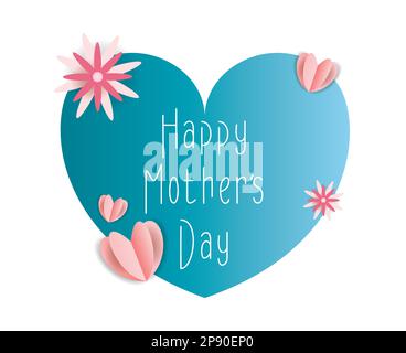 Happy mother's day typography on heart vector illustration with pink flowers and hearts isolated on white background. Stock Vector