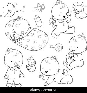 Babies sleeping, playing, walking, drinking milk, and crawling. Vector black and white coloring page Stock Vector