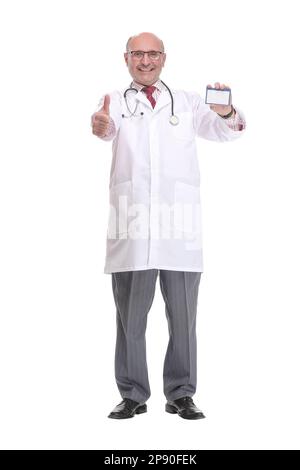 Portrait of confident mature doctor showing his business card and smiling Stock Photo