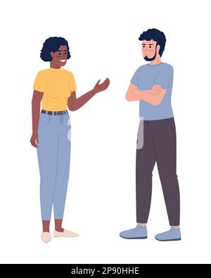 Friendly woman talking to crossed arms man semi flat color vector characters Stock Vector