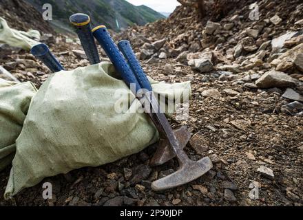 Soil Test. Agronomist putting soil with garden shovel in soil sample bag outdoor. Environmental research Stock Photo