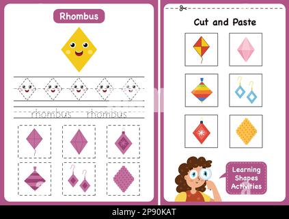 Learning shapes activity page - Rhombus. Geometric shapes worksheets for kids Stock Vector