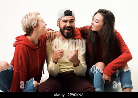 Forever young. Group hang out together. Carefree people. Youth just want to have fun. Freedom feeling. Youth fashion. Feeling free and stylish. Man an Stock Photo