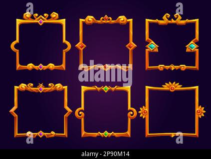 Cartoon set of golden square game frames isolated on background. Vector illustration of fancy medieval borders with cast iron ornaments and precious g Stock Vector